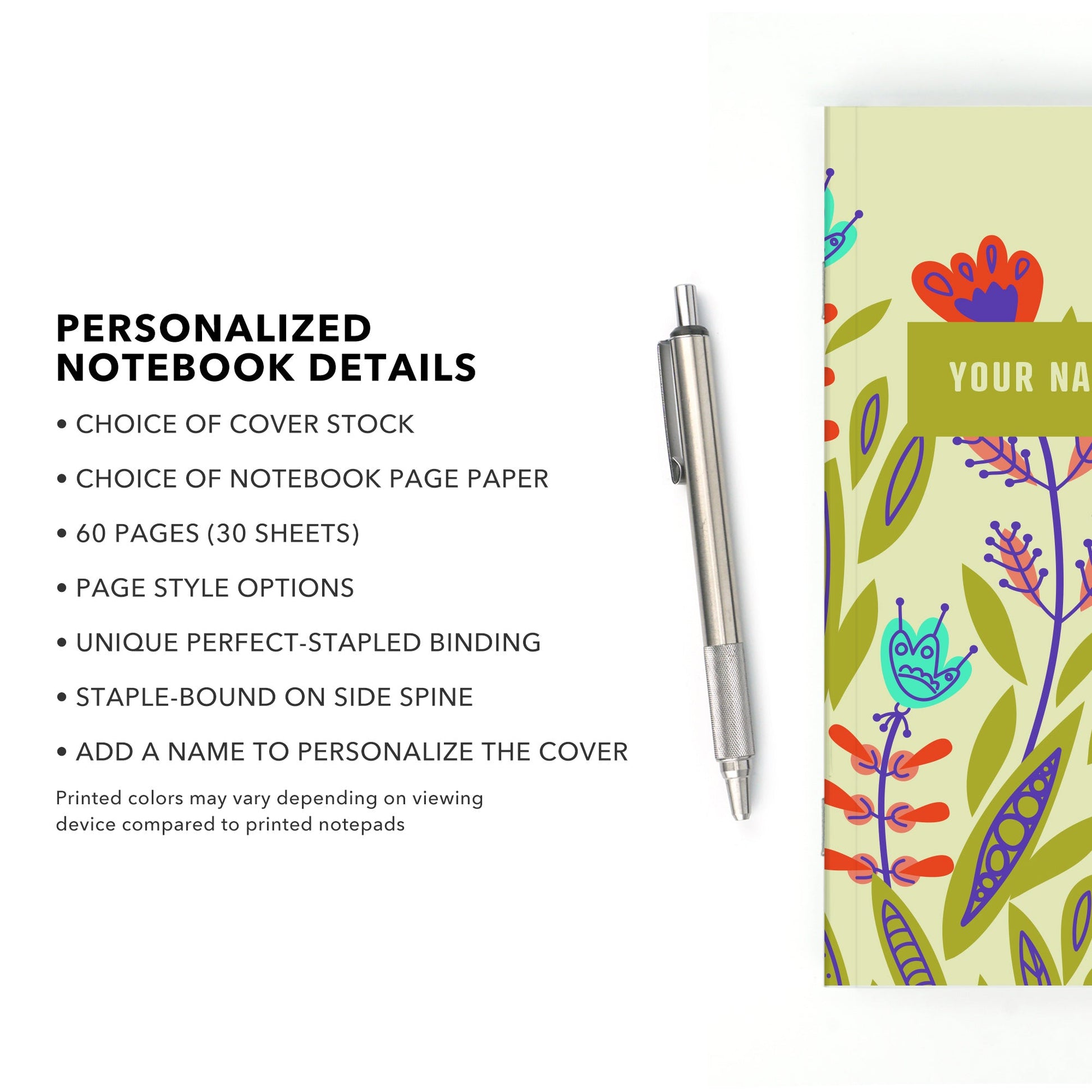 Personalized Notebook, Swedish Flower Garden, Add Your Name - Beech Tree Paper