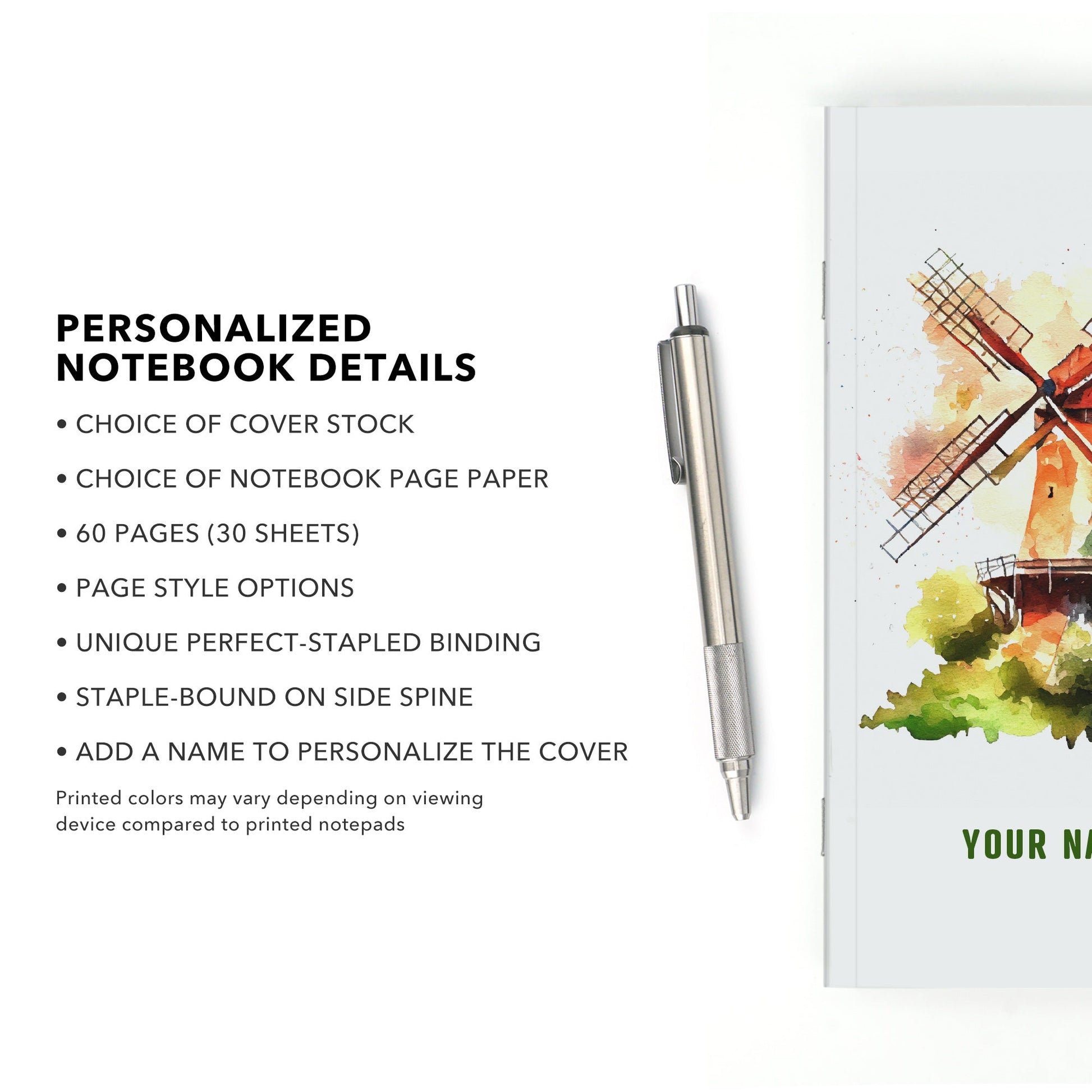 Personalized Notebook, Windmill, Add Your Name - Beech Tree Paper