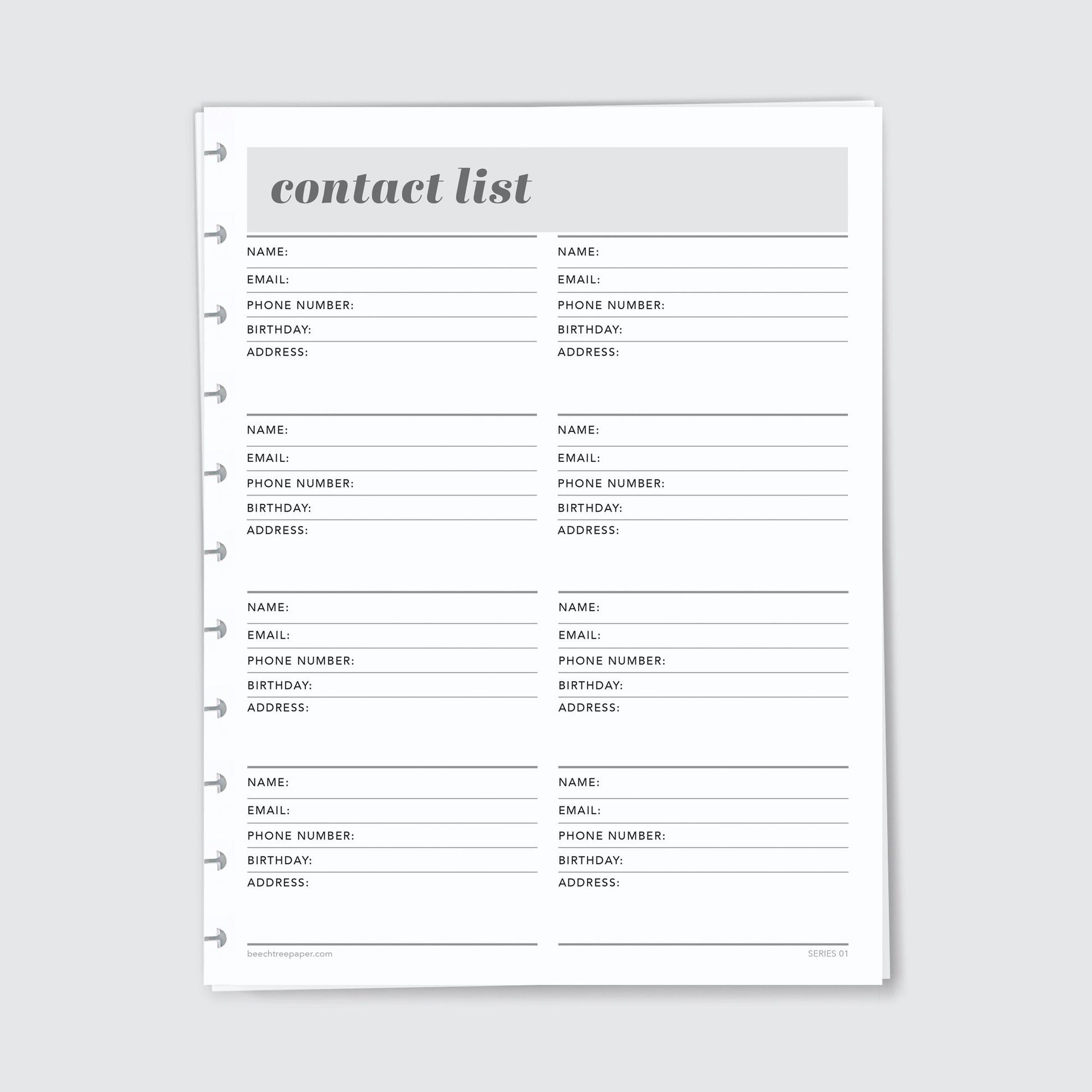 Planner Refill Paper, Contact List, Series One - Beech Tree Paper