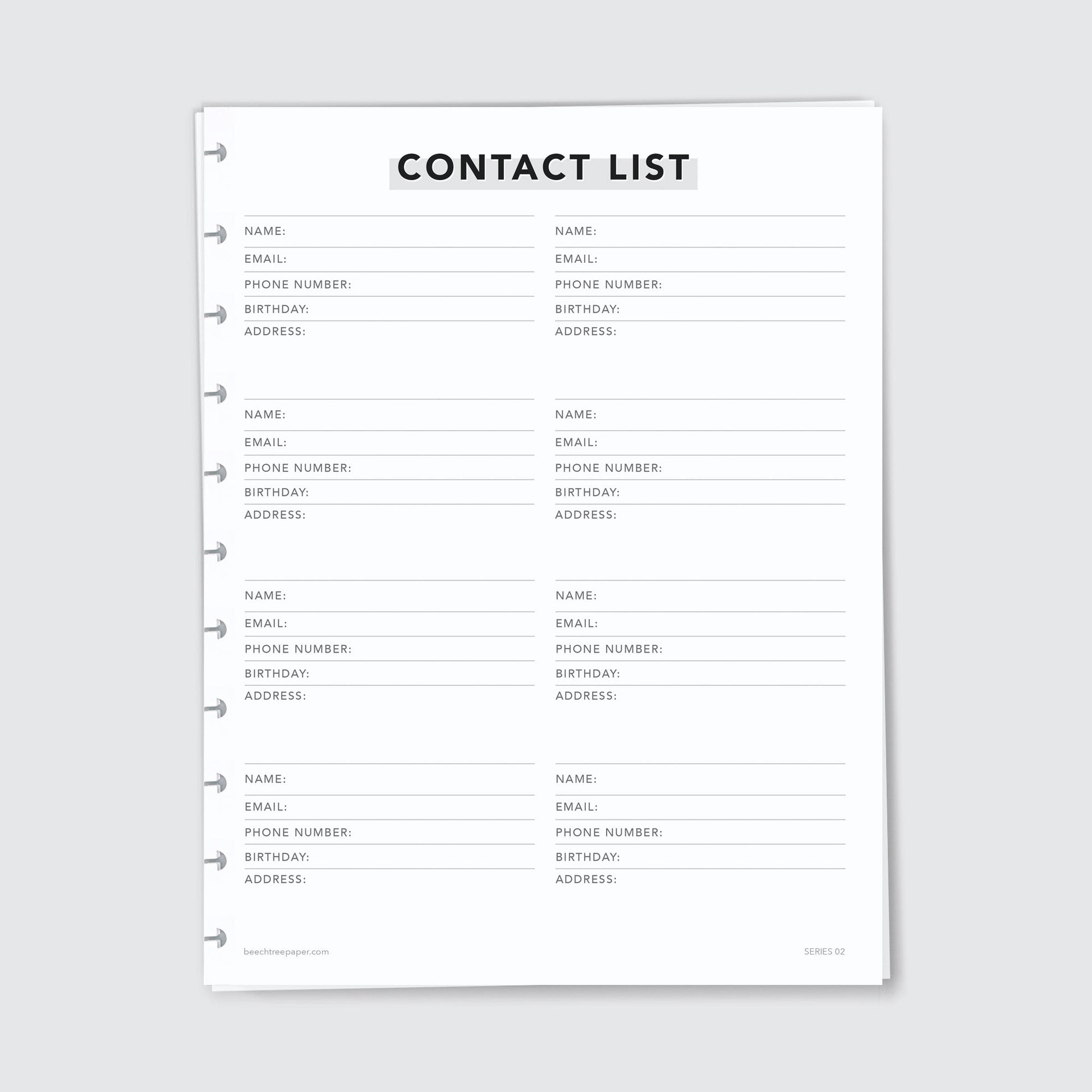 Planner Refill Paper, Contact List, Series Two - Beech Tree Paper