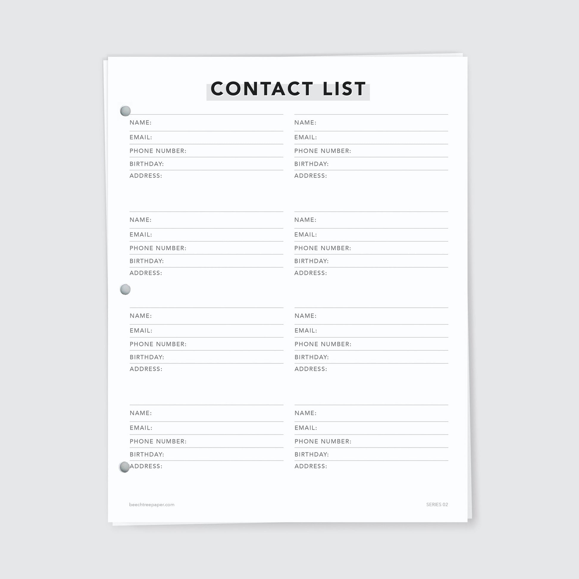 Planner Refill Paper, Contact List, Series Two - Beech Tree Paper